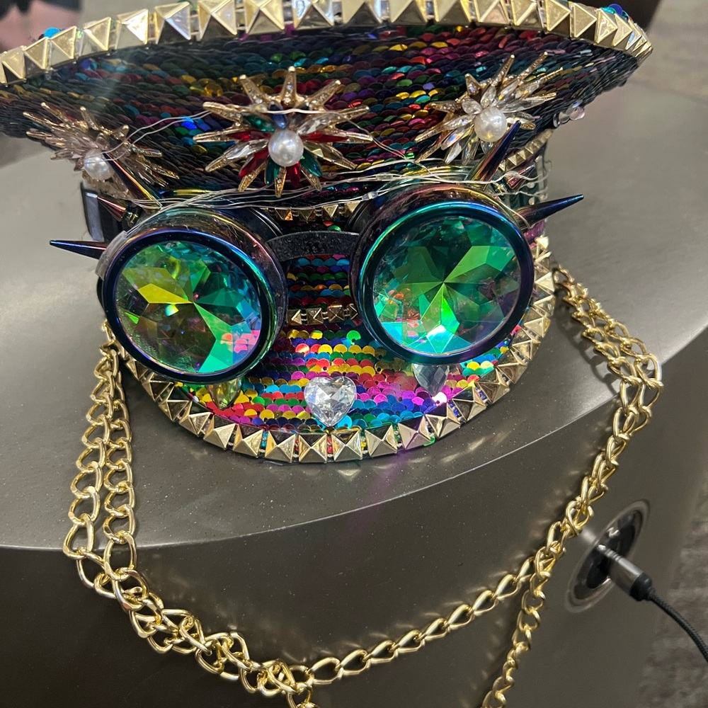 Colorful Sequin Captain Hat with Goggles and Chain